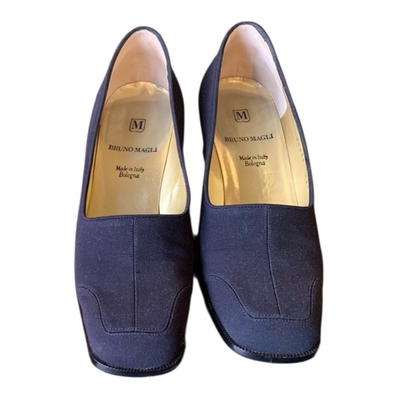Vintage 90s BRUNO MAGLI Navy Square Toe Chunky Block Heels & Shoe Dust Bag - 7 B - Picture 10 of 16